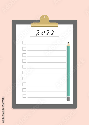 手書きの2022の文字入りの書類を挟んだバインダーと鉛筆のおしゃれな素材 - 2022年の目標・計画リスト