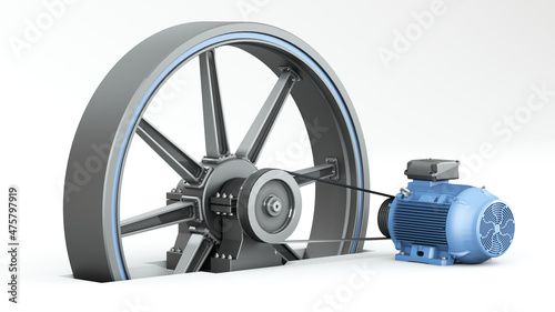 Large flywheel with electric motor and belt drive on a white background. 3d illustration photo