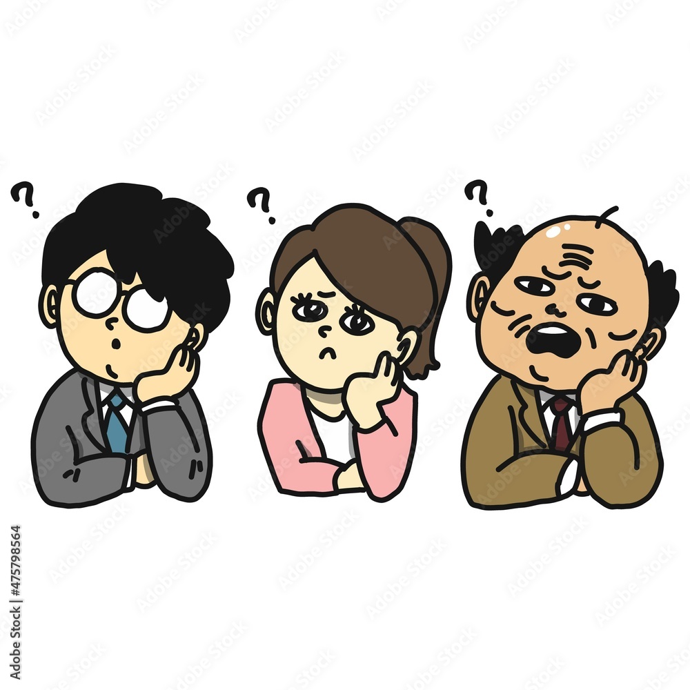 顔に手を添えて悩んでいる人のポーズをする人のイラスト