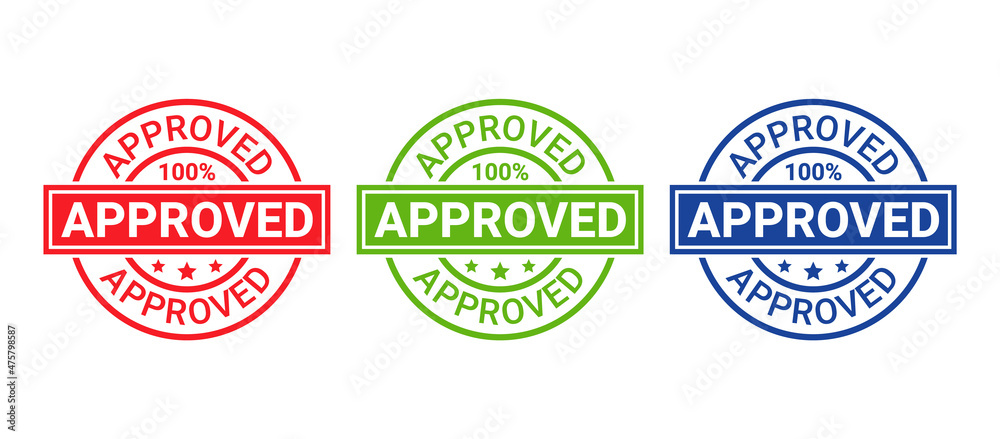 Approved stamp. Approval permit badge label. Accepted round sticker. Confirm certificate. Quality mark. Retro seal imprint. Circle shape emblem isolated on white background. Vector illustration