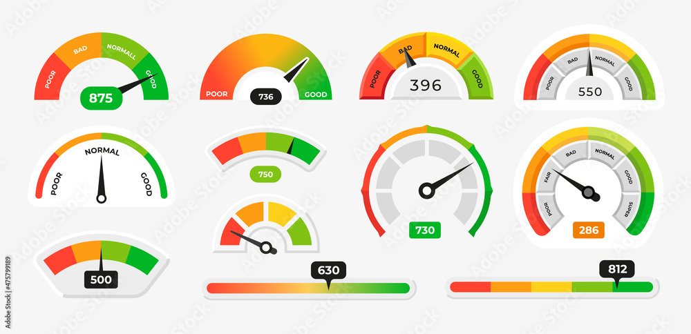Score meter. Speedometer gauge indicator. Energy efficiency and consumer satisfaction rate measure UI. Indication lines. Dial with arrows and scale. Vector effectiveness graphs set - obrazy, fototapety, plakaty 