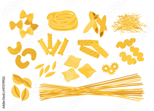 Cartoon pasta. Doodle macaroni. Italian different types of wheat food. Delicious farfalle or spaghetti. Isolated tagliatelle and cavatappi. Raw fusilli or penne. Vector flour products set