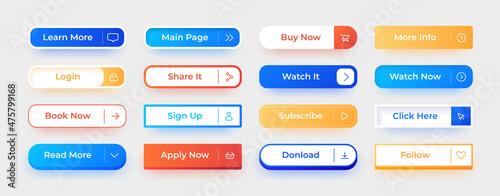Web UI button. Call action interface elements. Watch now and follow rectangular icons with text. Click here and subscribe. Login and share modern menu signs. Vector user symbols set