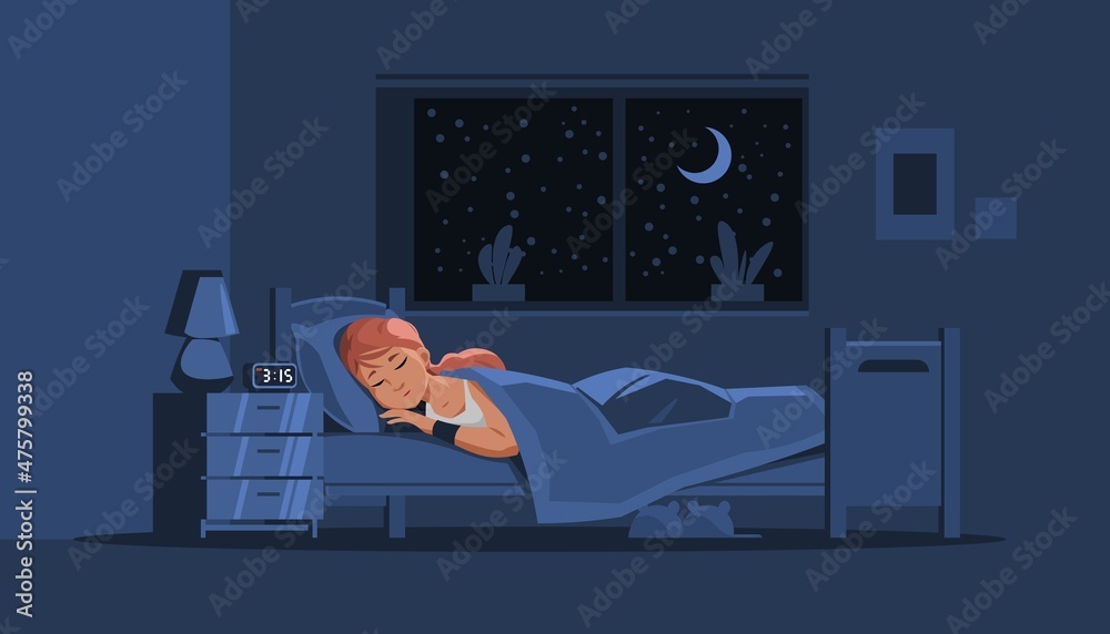 Premium Vector  Night rest and bedding time concept woman in pajama sleep  on bed lying side with pillow between legs girl sleeping