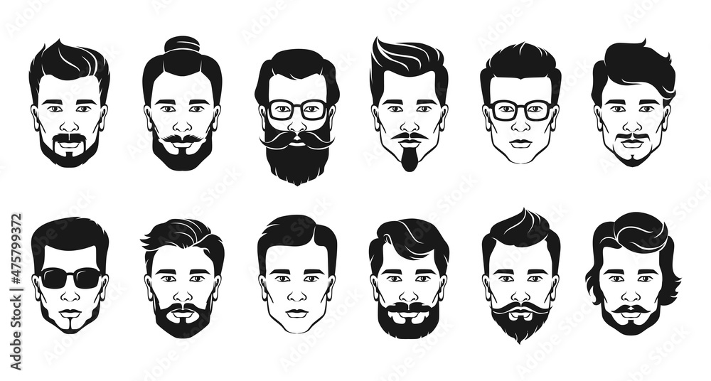 Men with beard silhouette. Mens face with different types of beard, haircut  and moustaches. Male portraits collection. Hair cut guy avatar and  barbershop logo. Vector hairstyles set Stock Vector | Adobe Stock