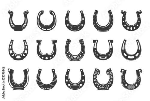 Black horseshoe. Lucky western blacksmith symbol, horse foot shoe equipment silhouette. Fortune talisman or amulet with decorative ornaments, icons collection. Vector isolated set