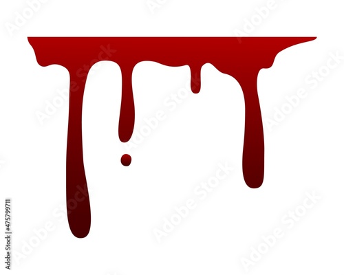 Liquid drip of blood. Red paint dripping splash. Isolated bloody border with flowing drops or trickles. Halloween decoration. Fluid ink smear. Spilled ketchup. Vector creepy bleed element