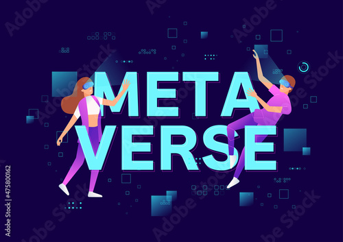 Metaverse or Virtual reality technology concept. Man and woman in digital glasses. Teenage gamer wearing VR headset playing game.
