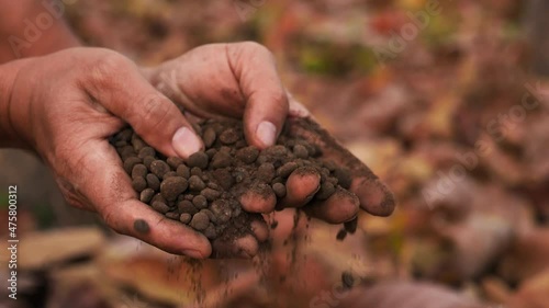 Soil, Agriculture, Slow motion, Farmer hands holding and pouring back organic soil, On a blurred background,1920X1080 Slow Motion.