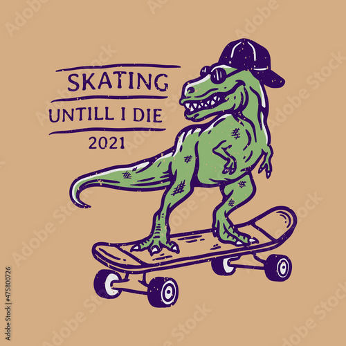 illustration of t-rex skateboarding wearing hat and sunglasses in vintage style