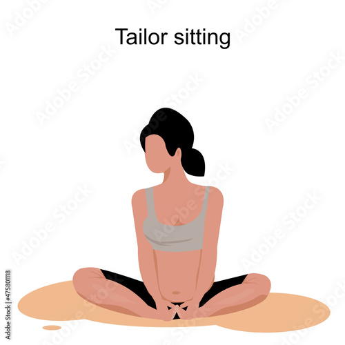 Pregnant woman Tailor sitting yoga. No face woman Pregnant Bound Angle Pose with text s on white background.Vector isolate flat design concept for exercising during pregnancy is good for mum and baby.