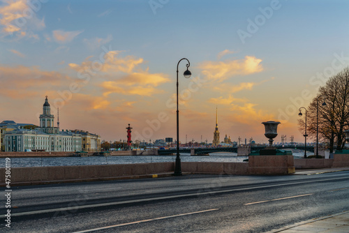 View from the English Embankment of the Palace Bridge, Peter and Paul Fortress and the building of the Kunstkamera on the University Embankment, St. Petersburg, Russia