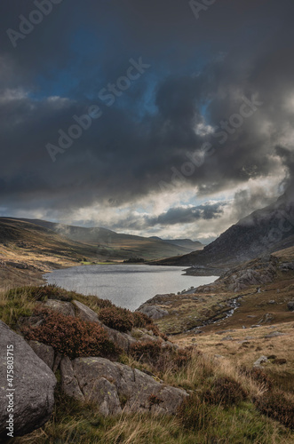 Epic early Autumn Fall landscape of view along Ogwen Valley in Snowdonia National Park under dramatic evening sky with copy space