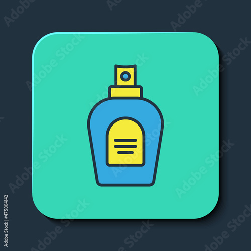 Filled outline Perfume icon isolated on blue background. Turquoise square button. Vector