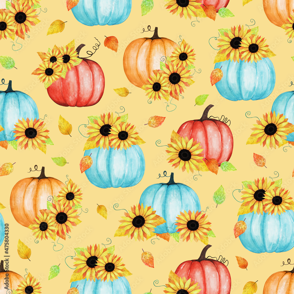Hand drawn seamless pattern of composition blooming sunflowers, pumpkins, leaves. Decorative colorful autumn watercolor illustration for design card, invitation, wallpaper, wrapping paper, fabric