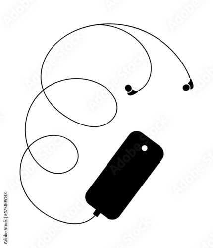 Black silhouette of a mobile phone with wired headphones. Listen to music, radio, audio. Vector isolated illustration