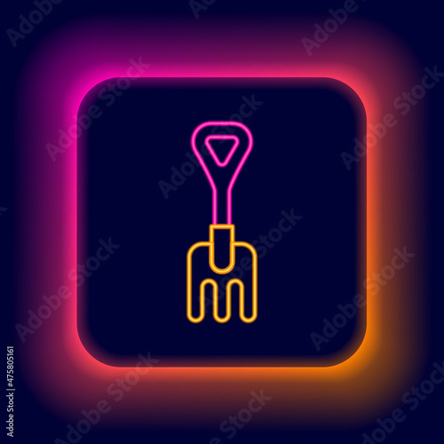 Glowing neon line Garden rake icon isolated on black background. Tool for horticulture, agriculture, farming. Ground cultivator. Colorful outline concept. Vector