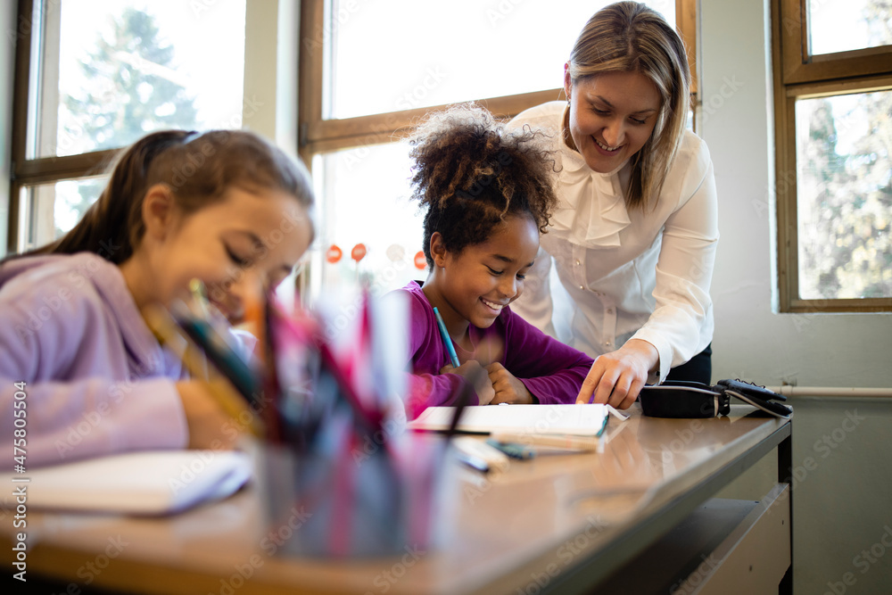 Friendly school teacher helping student with the task. Stock Photo ...