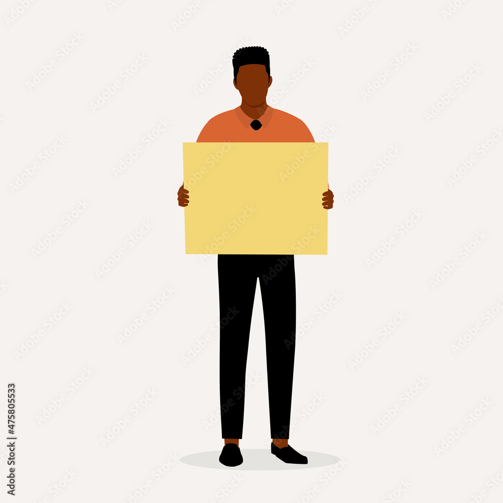 Young Black Man Standing And Holding A Blank Rectangle Sign. Notice And Announcement. Young Black Man Standing And Holding A Blank Rectangle Sign. Notice And Announcement.