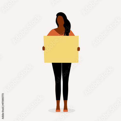 Young Black Woman Standing And Holding A Blank Rectangle Sign. Notice And Announcement.