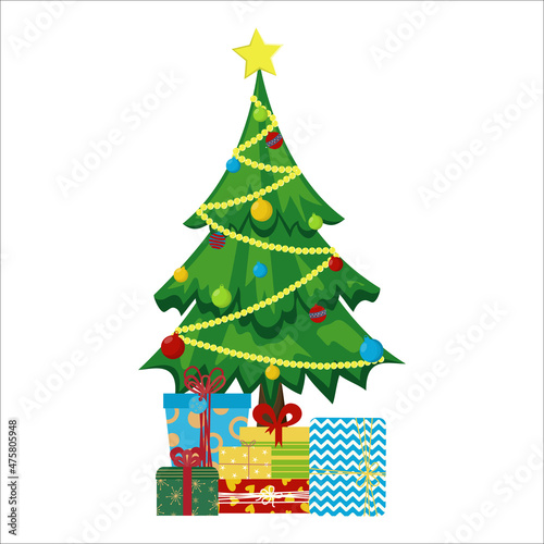 Christmas tree with gifts and a garland.