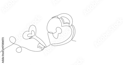 Animated continuous line drawing of key and lock in heart shape. Happy valentines day. Concept of romantic date.