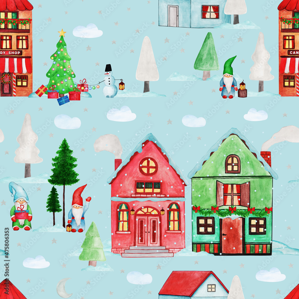 Hand drawn watercolor seamless pattern of different houses, gnomes, snowman, tree, gift, star, moon, snow. New Year, Christmas town illustration for greeting card, wallpaper, wrapping paper