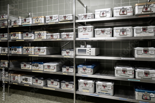 in the sterile goods store there are instrument containers with sterile instruments
