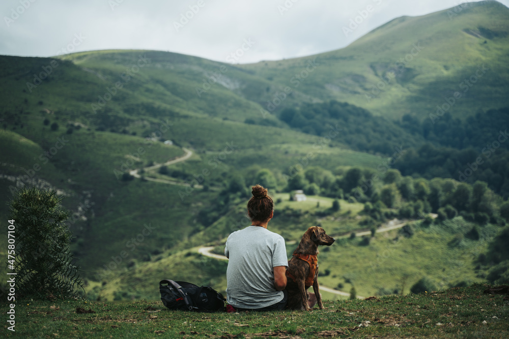 man is contemplating the landscape with his dog
