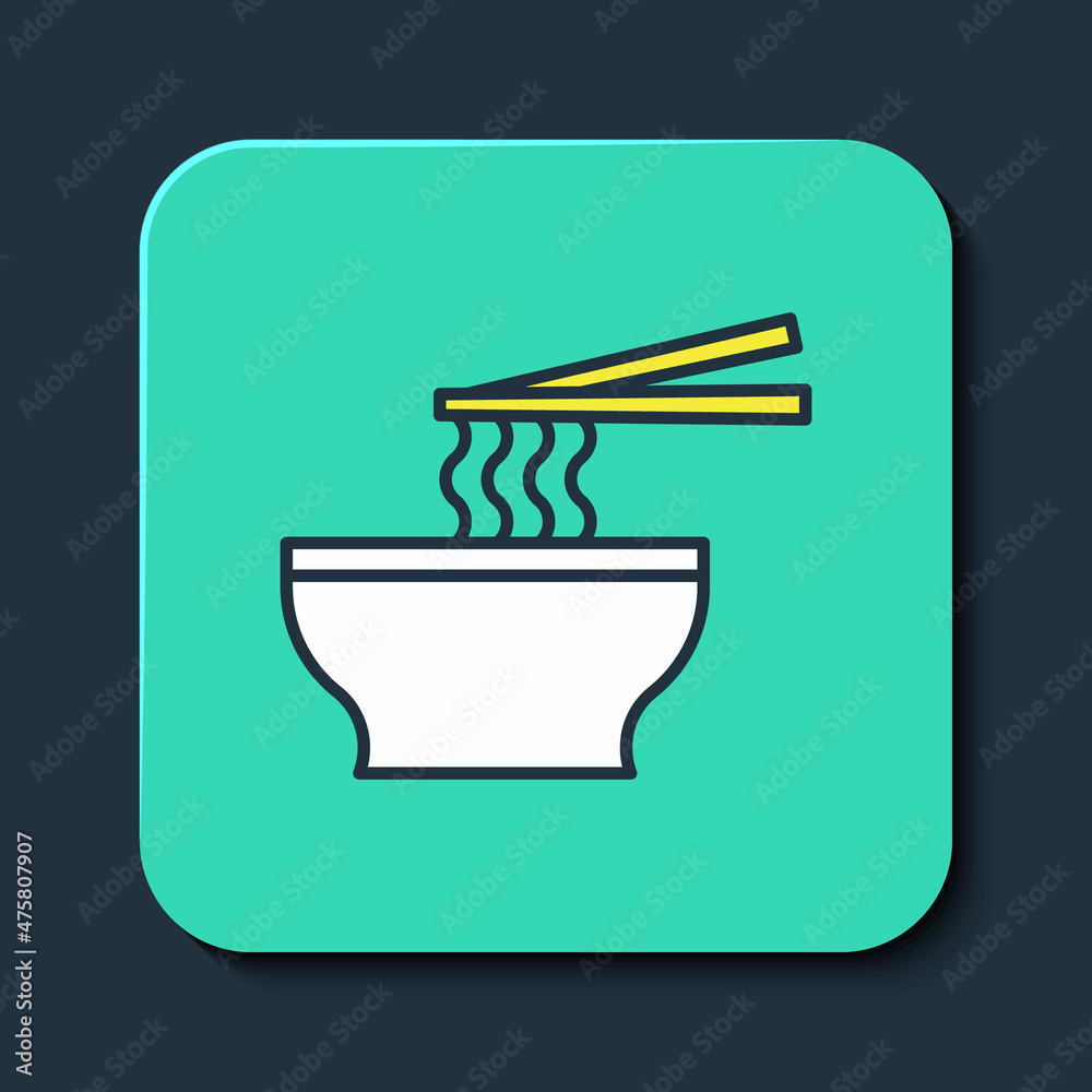 Filled outline Asian noodles in bowl and chopsticks icon isolated on blue background. Street fast food. Korean, Japanese, Chinese food. Turquoise square button. Vector Filled outline Asian noodles in bowl and chopsticks icon isolated on blue background. Street fast food. Korean, Japanese, Chinese food. Turquoise square button. Vector