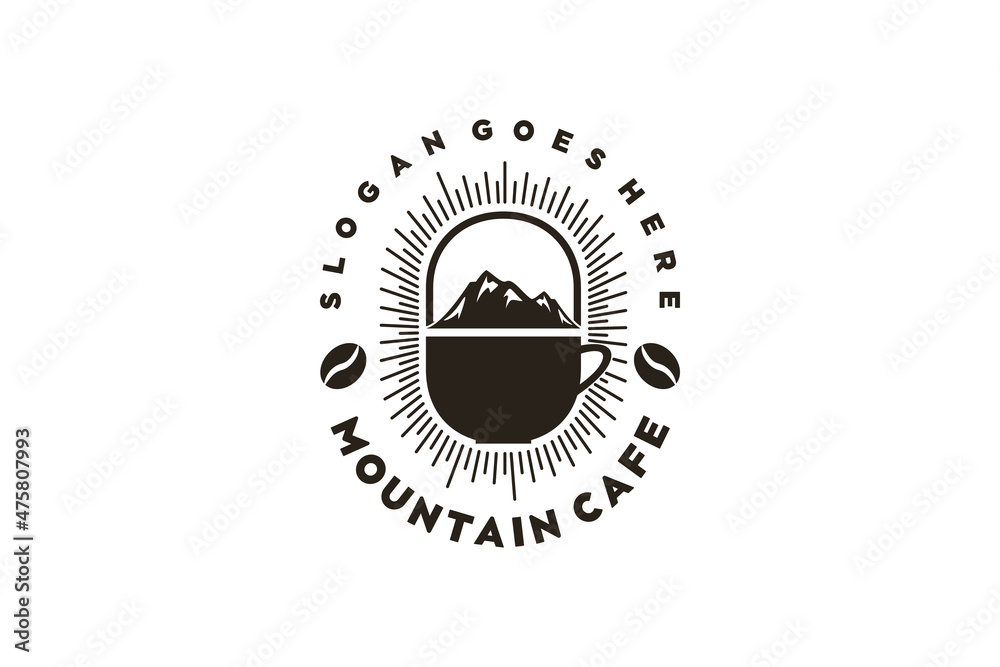 Fototapeta premium vintage mountain logo with cup of coffee, logo inspiration
