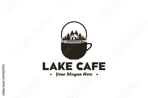 vintage lake view logo design with a cup of coffee, logo inspiration