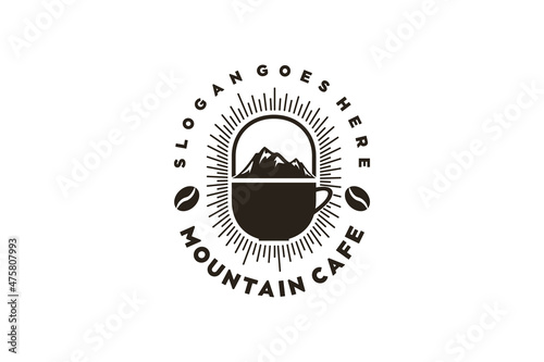 vintage mountain logo with cup of coffee, logo inspiration
