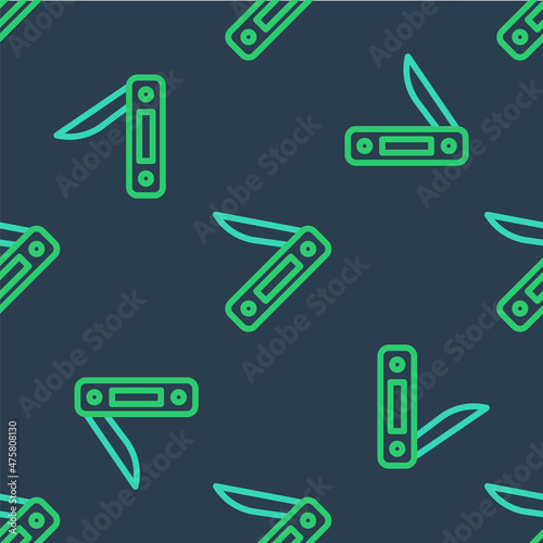 Line Swiss army knife icon isolated seamless pattern on blue background. Multi-tool, multipurpose penknife. Multifunctional tool. Vector