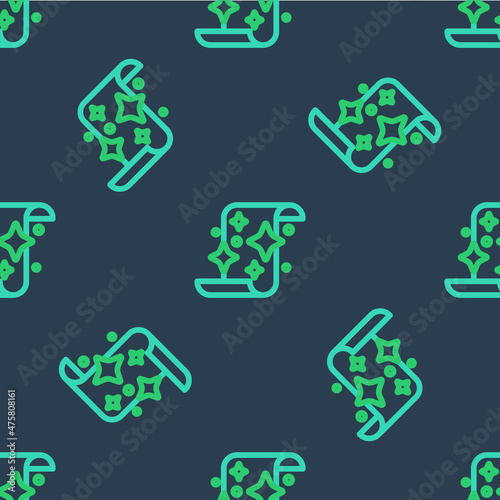 Line Magic scroll icon isolated seamless pattern on blue background. Decree, paper, parchment, scroll icon. Vector