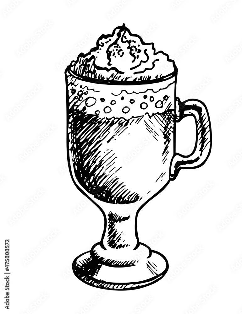 Vector Sketch Glass with Irish Coffee with cream foam. Irish cream coffee. Vector hand drawing illustration. Hot drink with whisky. Vector Sketch Glass with Irish Coffee with cream foam. Irish cream coffee. Vector hand drawing illustration. Hot drink with whisky.