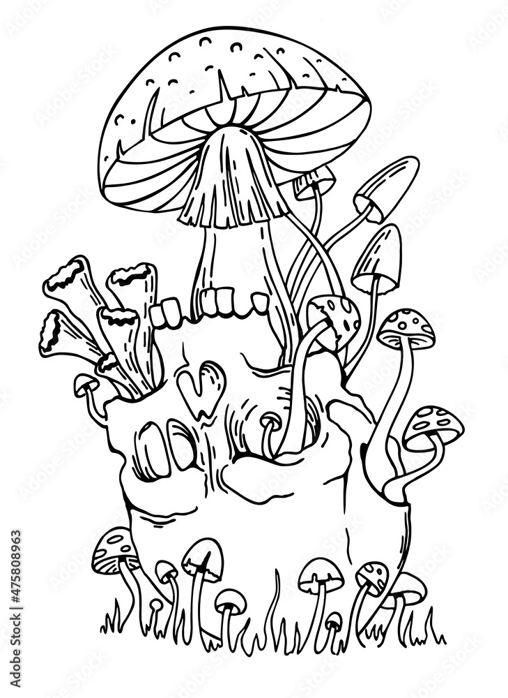 Human skull and mushroom sprouted sketch engraving vector illustration. Tattoo and t-shirt design skull mushroom wngraving style black and white. Scratch board style imitation. Hand drawn image. Human skull and mushroom sprouted sketch engraving vector illustration. Tattoo and t-shirt design skull mushroom wngraving style black and white. Scratch board style imitation. Hand drawn image.
