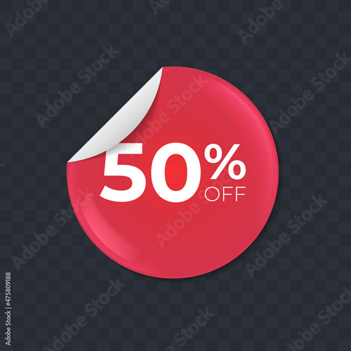 Sale tag paper round sticker with peeling corner and shadow. Vector mockup.