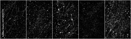 Set of distressed white grainy texture. Dust overlay textured. Grain noise particles. Snow effects pack. Rusted black background. Vector illustration, EPS 10.   