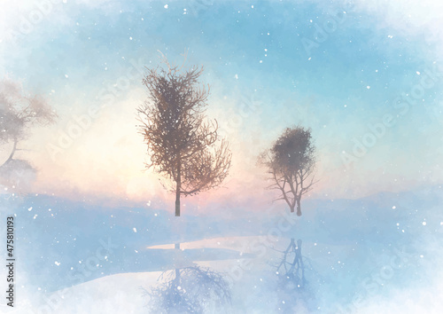 Pastel coloured hand painted winter solstice landscape