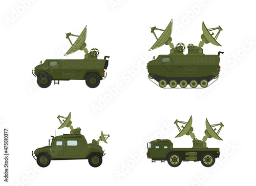 Set Radar guns. The broadcast, satellite communications. Antennas, receivers, communication with headquarters. Vector illustration