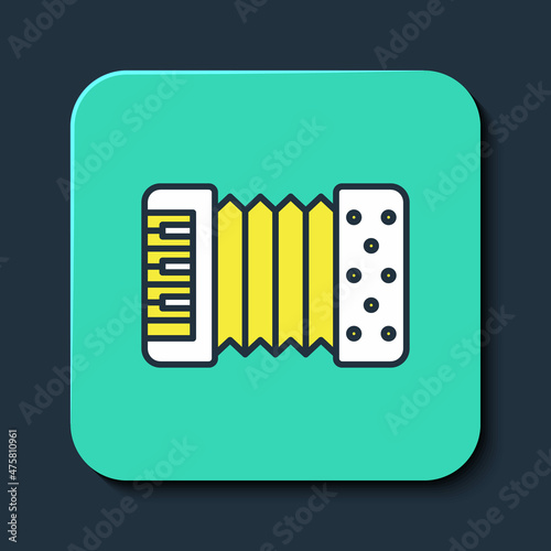 Filled outline Musical instrument accordion icon isolated on blue background. Classical bayan, harmonic. Turquoise square button. Vector