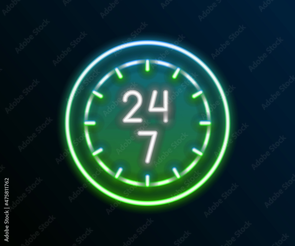 Glowing neon line Clock 24 hours icon isolated on black background. All day cyclic icon. 24 hours service symbol. Colorful outline concept. Vector Glowing neon line Clock 24 hours icon isolated on black background. All day cyclic icon. 24 hours service symbol. Colorful outline concept. Vector