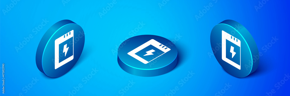 Isometric Battery for camera icon isolated on blue background. Lightning bolt symbol. Blue circle button. Vector Isometric Battery for camera icon isolated on blue background. Lightning bolt symbol. Blue circle button. Vector