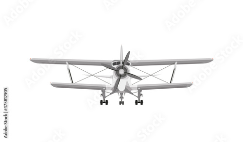 Front view of white airplane biplane with piston engine and propeller. Isolated on a white background