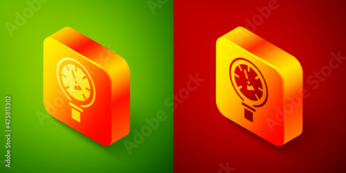 Isometric Pressure water meter icon isolated on green and red background. Square button. Vector