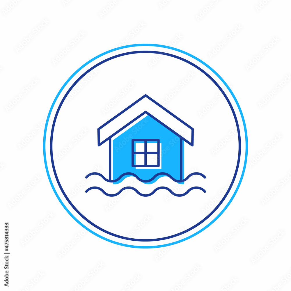 Filled outline House flood icon isolated on white background. Home flooding under water. Insurance concept. Security, safety, protection, protect concept. Vector Filled outline House flood icon isolated on white background. Home flooding under water. Insurance concept. Security, safety, protection, protect concept. Vector