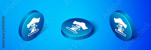 Isometric Nuclear explosion icon isolated on blue background. Atomic bomb. Symbol of nuclear war, end of world. Blue circle button. Vector