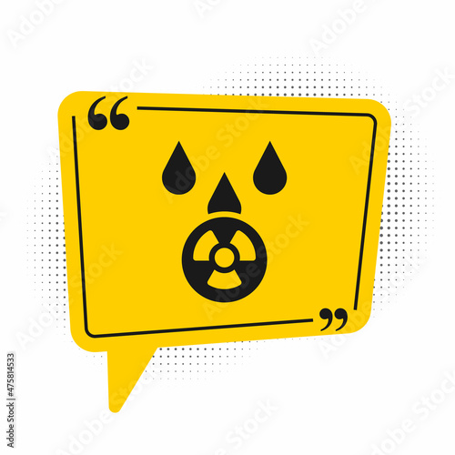 Black Acid rain and radioactive cloud icon isolated on white background. Effects of toxic air pollution on the environment. Yellow speech bubble symbol. Vector