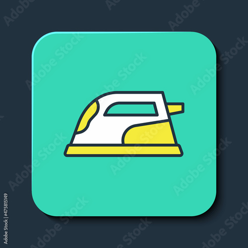 Filled outline Electric iron icon isolated on blue background. Steam iron. Turquoise square button. Vector